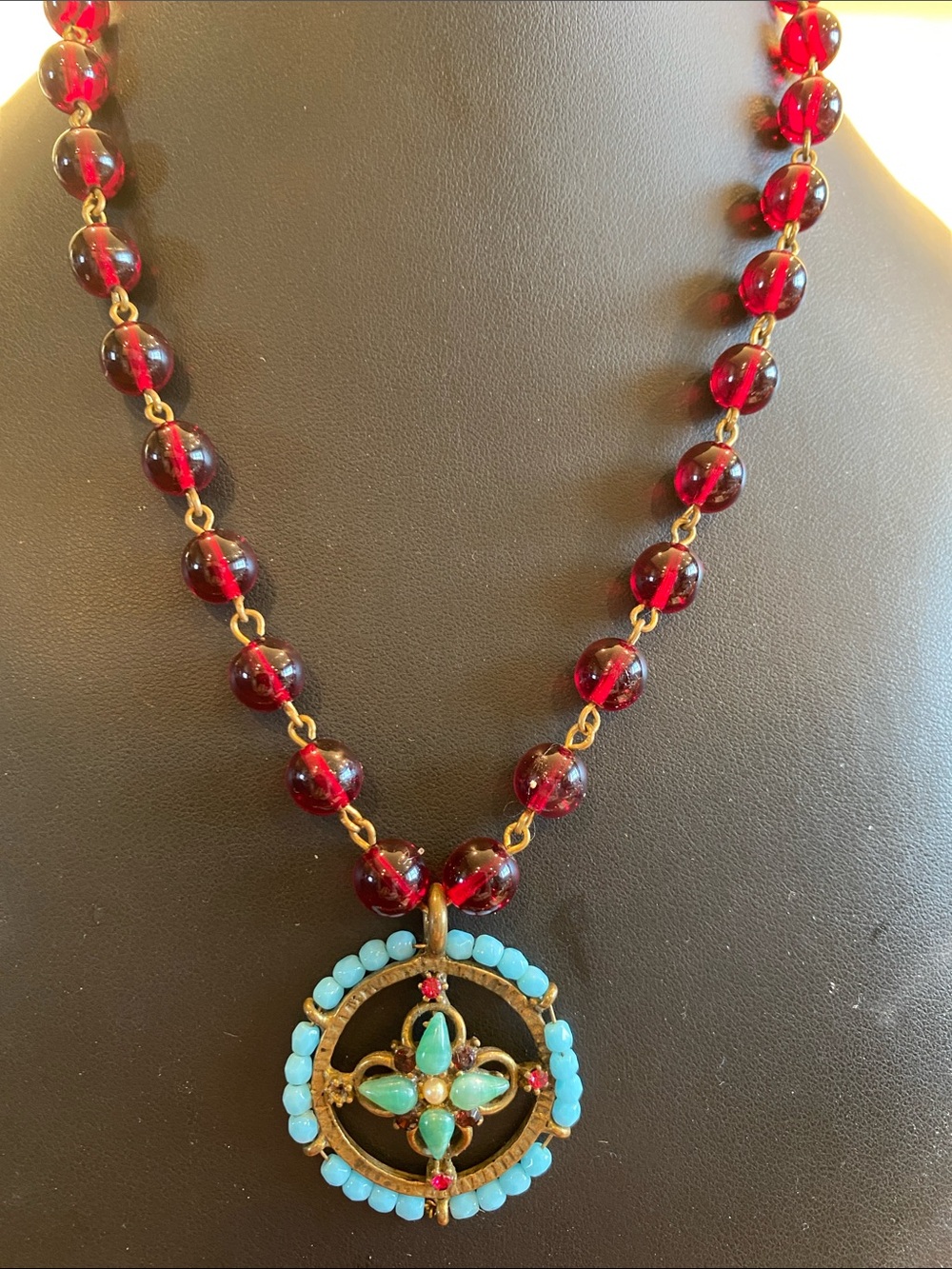 Gerard Yosca Red Beaded Necklace with Turquoise-Accent Medallion